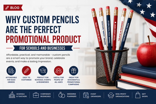 Custom promotional pencils with foil stamped business logos and school names, displayed as branded marketing giveaways for schools, businesses, trade shows, classrooms, and promotional events.
