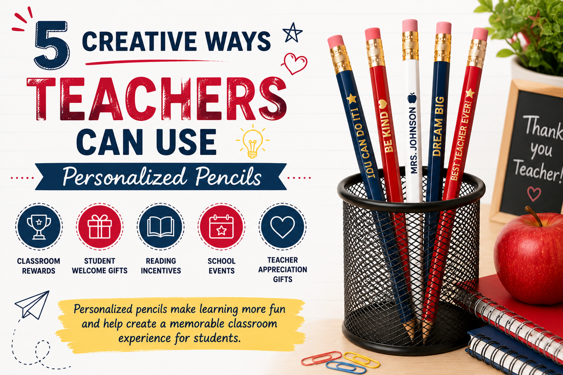 Personalized pencils for teachers featuring custom foil stamped names and motivational messages, displayed in a classroom to promote student rewards, reading programs, and school spirit.