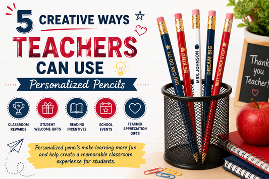Personalized pencils for teachers featuring custom foil stamped names and motivational messages, displayed in a classroom to promote student rewards, reading programs, and school spirit.