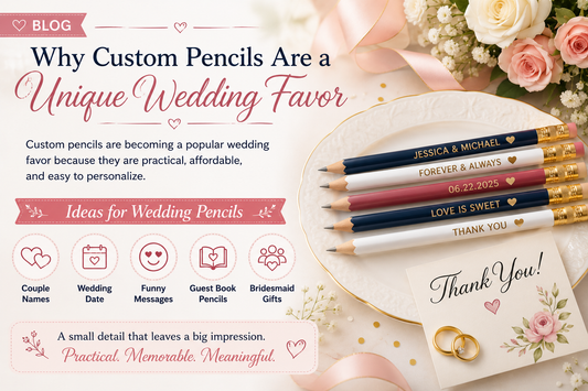 Custom wedding favor pencils with personalized gold foil names and wedding date, displayed as elegant keepsakes for wedding guests alongside a guest book and reception décor.