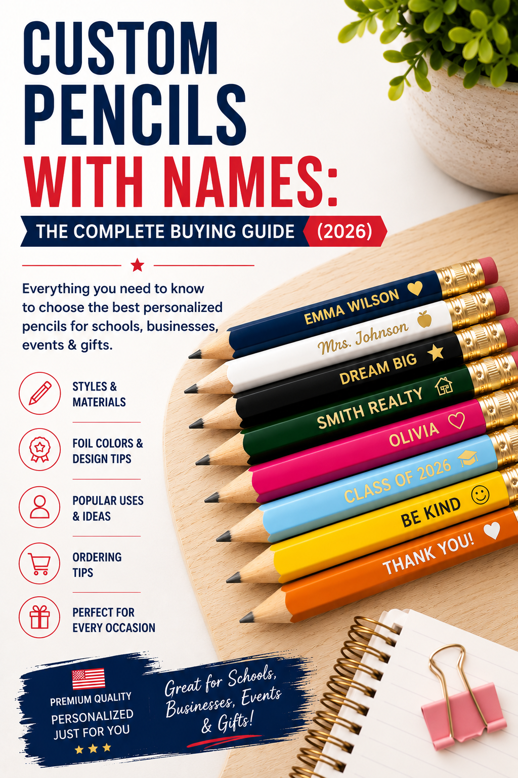 Custom pencils with names in various colors featuring gold foil personalization, illustrating the complete 2026 buying guide for personalized pencils for schools, businesses, teachers, weddings, and gifts.