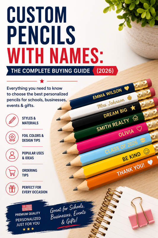 Custom pencils with names in various colors featuring gold foil personalization, illustrating the complete 2026 buying guide for personalized pencils for schools, businesses, teachers, weddings, and gifts.