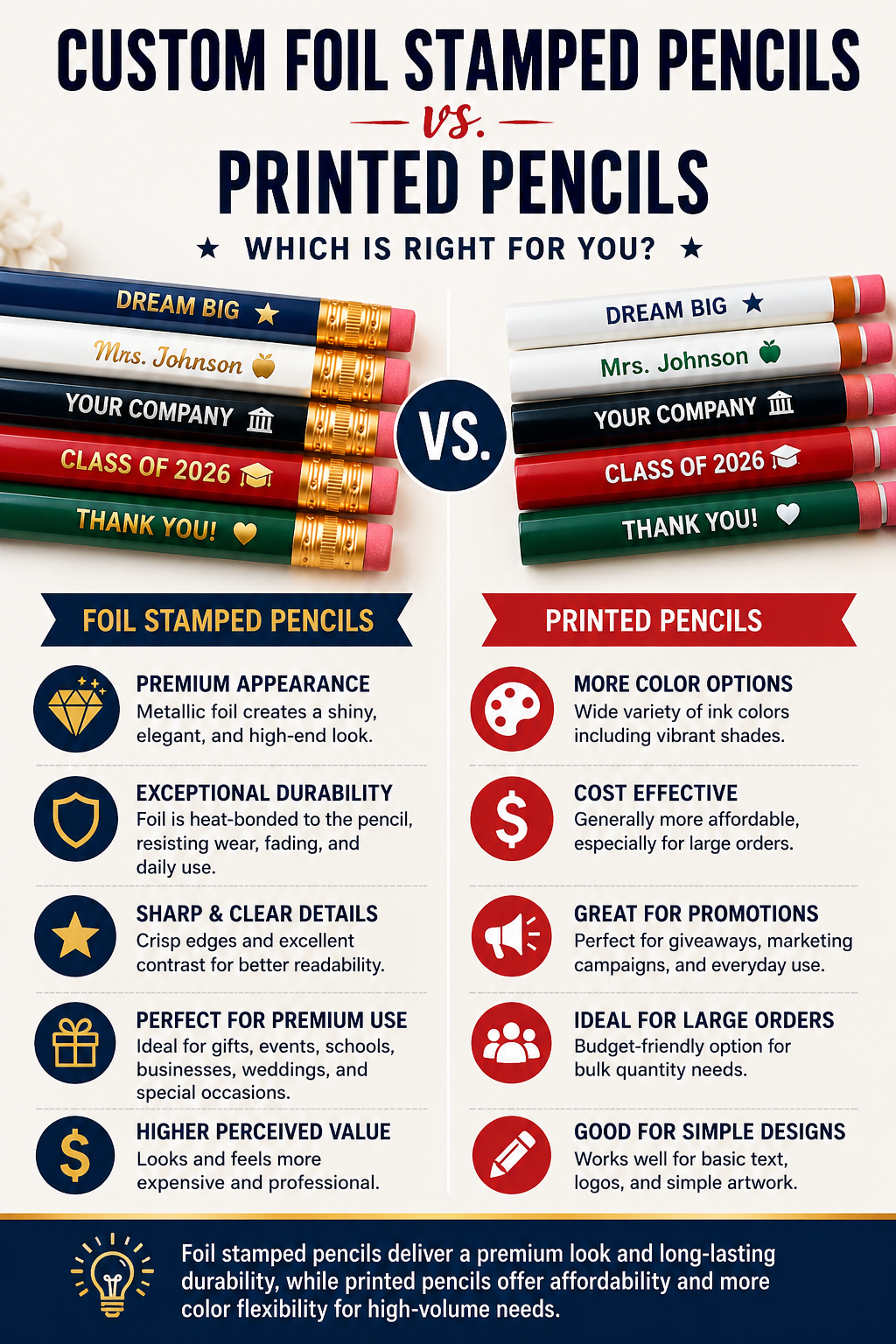 Side-by-side comparison of custom foil stamped pencils and printed pencils showing differences in metallic foil finish, printed text, durability, appearance, and personalization for schools, businesses, promotional products, and personalized gifts.