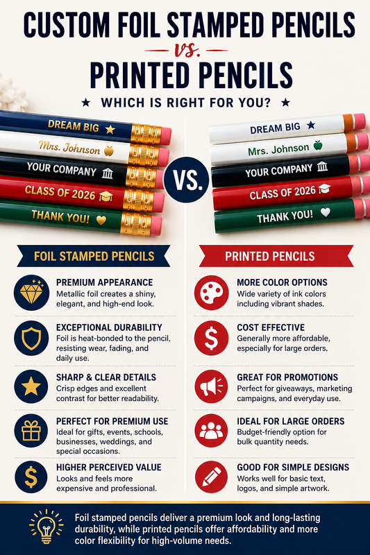 Side-by-side comparison of custom foil stamped pencils and printed pencils showing differences in metallic foil finish, printed text, durability, appearance, and personalization for schools, businesses, promotional products, and personalized gifts.