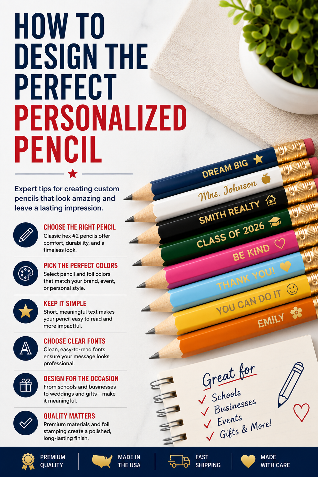 Personalized pencil design guide featuring custom foil stamped #2 pencils with names, showcasing color selection, foil stamping, font choices, and design tips for schools, businesses, teachers, gifts, and promotional events.