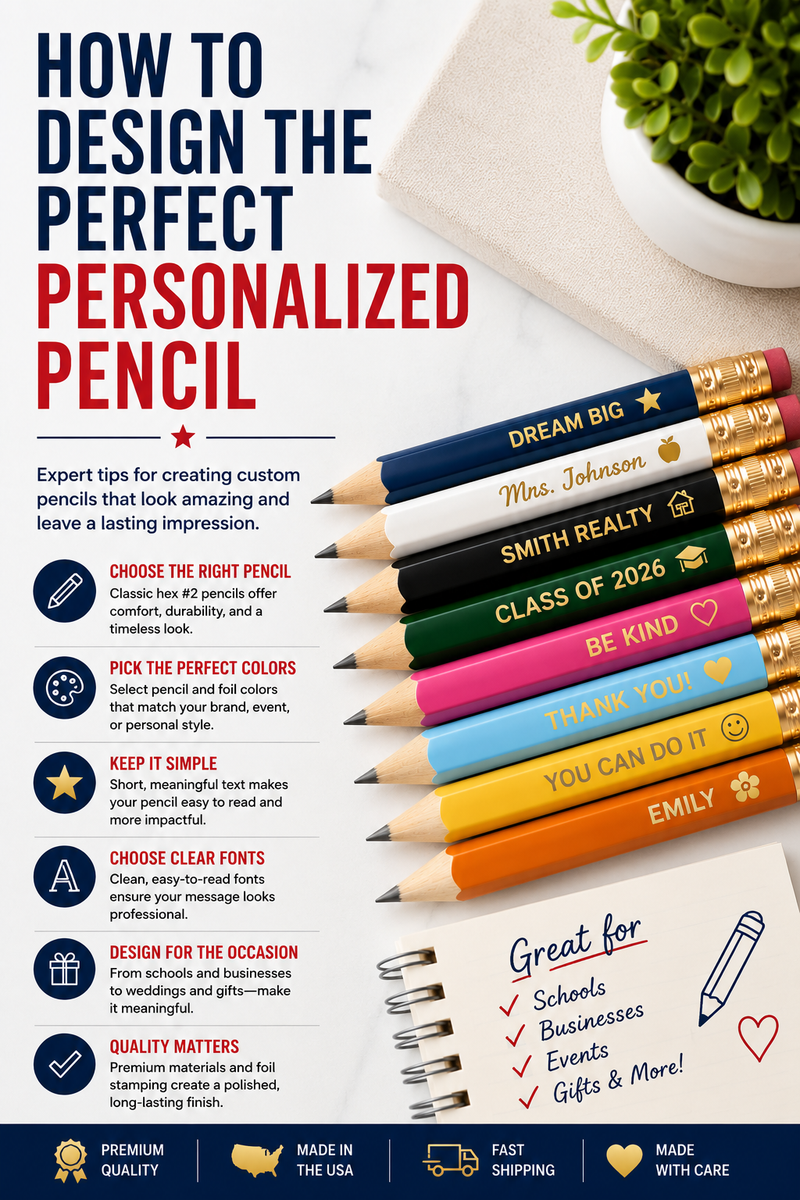 Personalized pencil design guide featuring custom foil stamped #2 pencils with names, showcasing color selection, foil stamping, font choices, and design tips for schools, businesses, teachers, gifts, and promotional events.